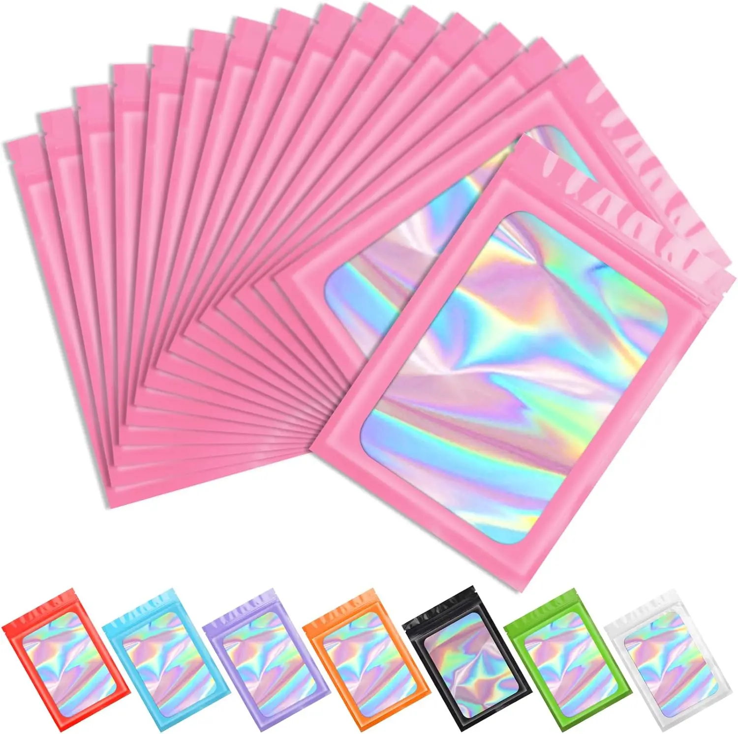 Pink Smell Proof Mylar Holographic Bags Packaging Bags, Clear Resealable Odor Proof Bag Foil Pouch Bag for Food Storage,Lipgloss,Jewelry,Eyelash Packaging Small Business