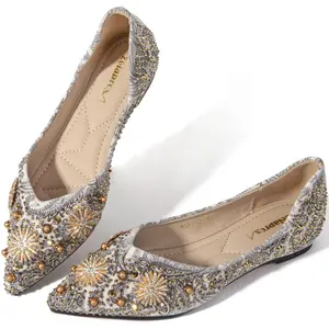 Zelaprox Women's Flats Shoes Rhinestone Pointed Toe Flats Comfort Low Wedge Dressy Flats Silver Bowknot Flats Light Weight Casual Ballet Shoes