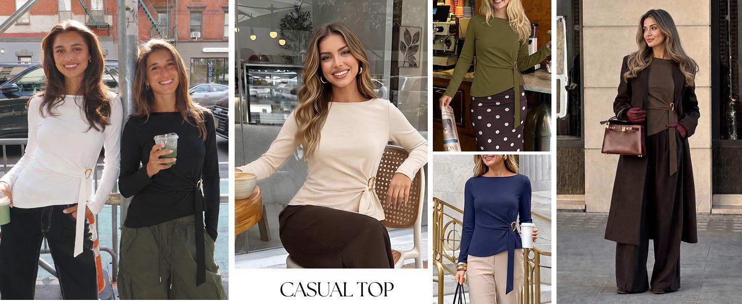 ZESICA Womens Fall Long Sleeve Business Casual Tops Work Blouse | Boat Neck, Ruched Waist, Tie Front, Metal Buckle, Asymmetrical Hem, Office Dressy Shirts, Soft Fabric
