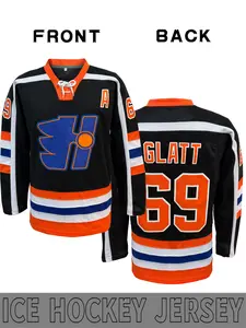 Men's GLATT# 69 black ice hockey jersey, retro design collar tie, embroidered number splicing ice hockey sports shirt, long sleeved sportswear, suitable for ice hockey movie fans and retro sports followers, Athletic Sports Clothing