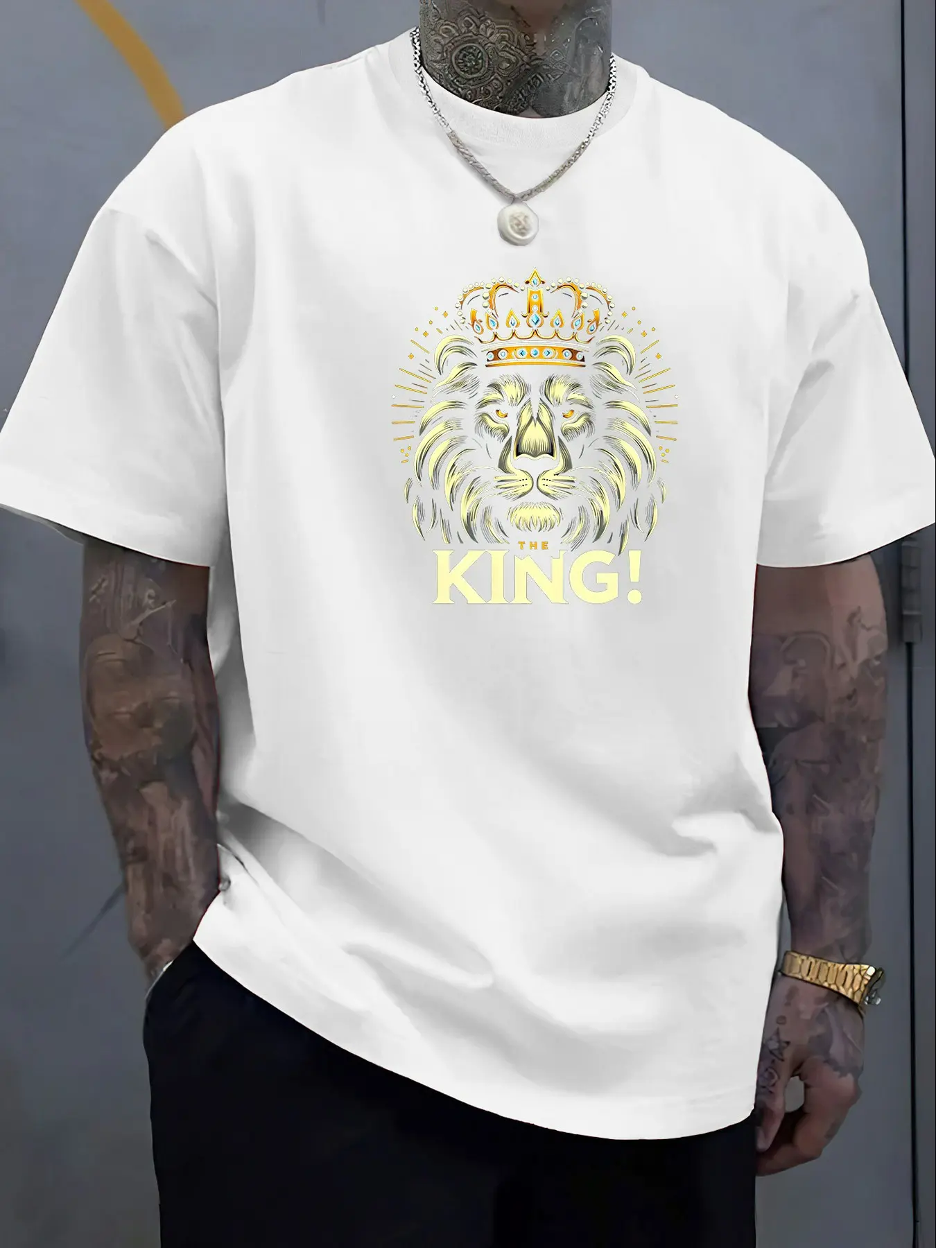 Men'S King Crown and Print T-Shirt| Soft Ribbed Collar, Golden and White Streetwear Summer Tee with KING Lettering - Casual and Party Outfits, Slightly Elastic Fabric, Crown Logo Design for Daily Wear