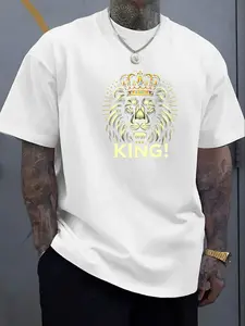 Men'S King Crown and Print T-Shirt| Soft Ribbed Collar, Golden and White Streetwear Summer Tee with KING Lettering - Casual and Party Outfits, Slightly Elastic Fabric, Crown Logo Design for Daily Wear