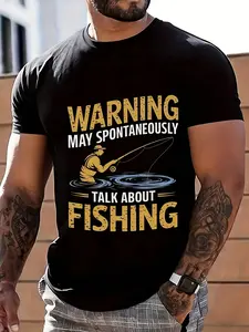Warning May Spontaneously Talk About Fishing T T Shirt for Men Outdoor Fishing Lover Humor Graphic Tee Casual Summer Top Breathable Sweat Wicking and Soft Suitable for Daily Commutes Lounging at Home and Casual Wear.2026 New Year's Party Street Style