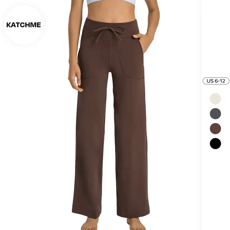 KatchMe Athleisure Women's Solid Color High Waist Drawstring Stretchy Wide Leg Yoga Pants,Basic Plain Fitted Pocket Trousers,Street Womenswear Bottom Underwear
