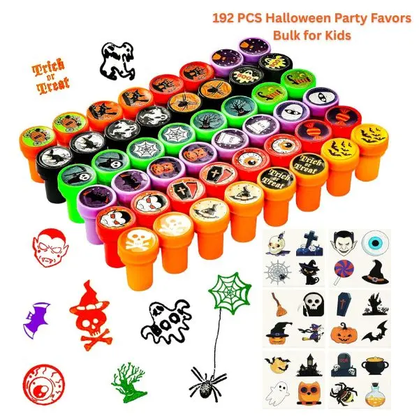 192 PCS Halloween Party Favors Bulk for Kids, Halloween Goodie Bag Fillers, Halloween Stamps, Stickers & Trinkets, Trick or Treat Toys, Classroom Prizes, Trunk or Treat Supplies
