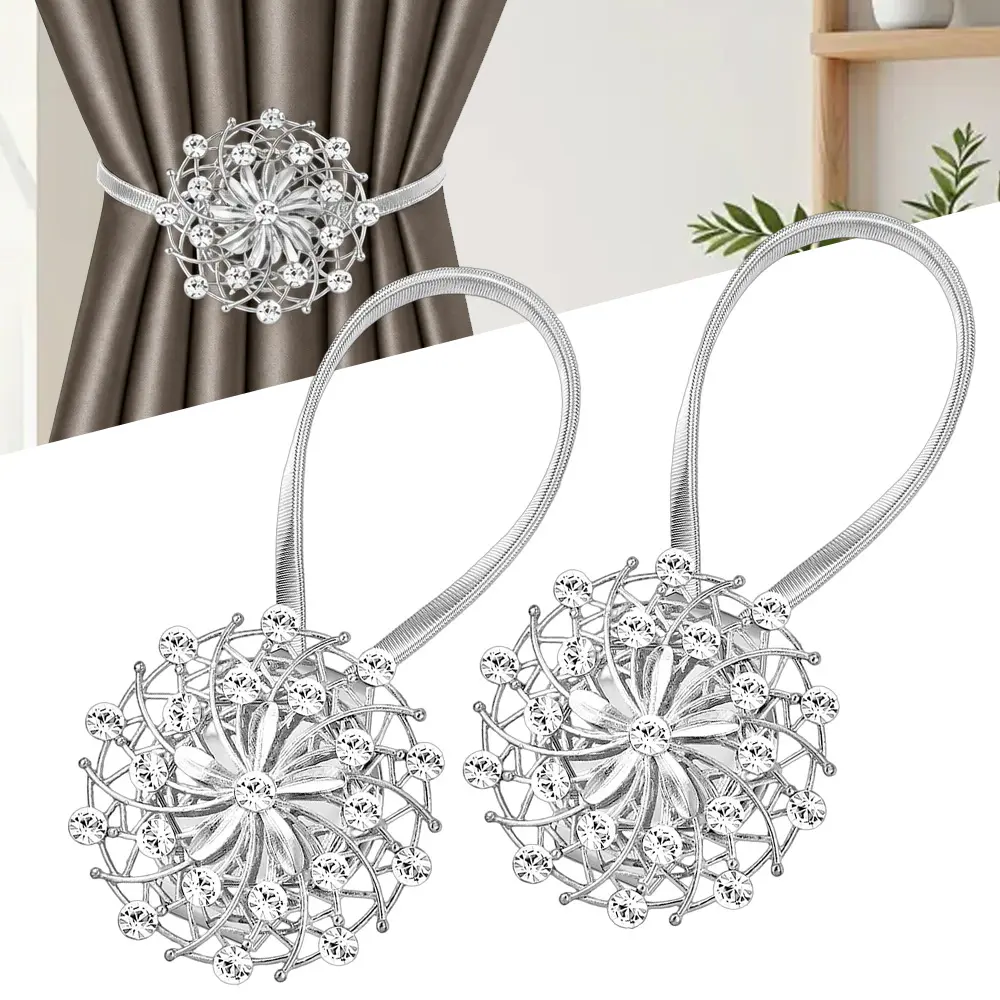 2-Pack Silver Crystal Flower Curtain Tiebacks Kit Pack, Slim Metal Window Drapery Holdbacks with Anti-Slip Grip Magnetic Ends, No-Drill Strong-Hold for Living Room Bedroom