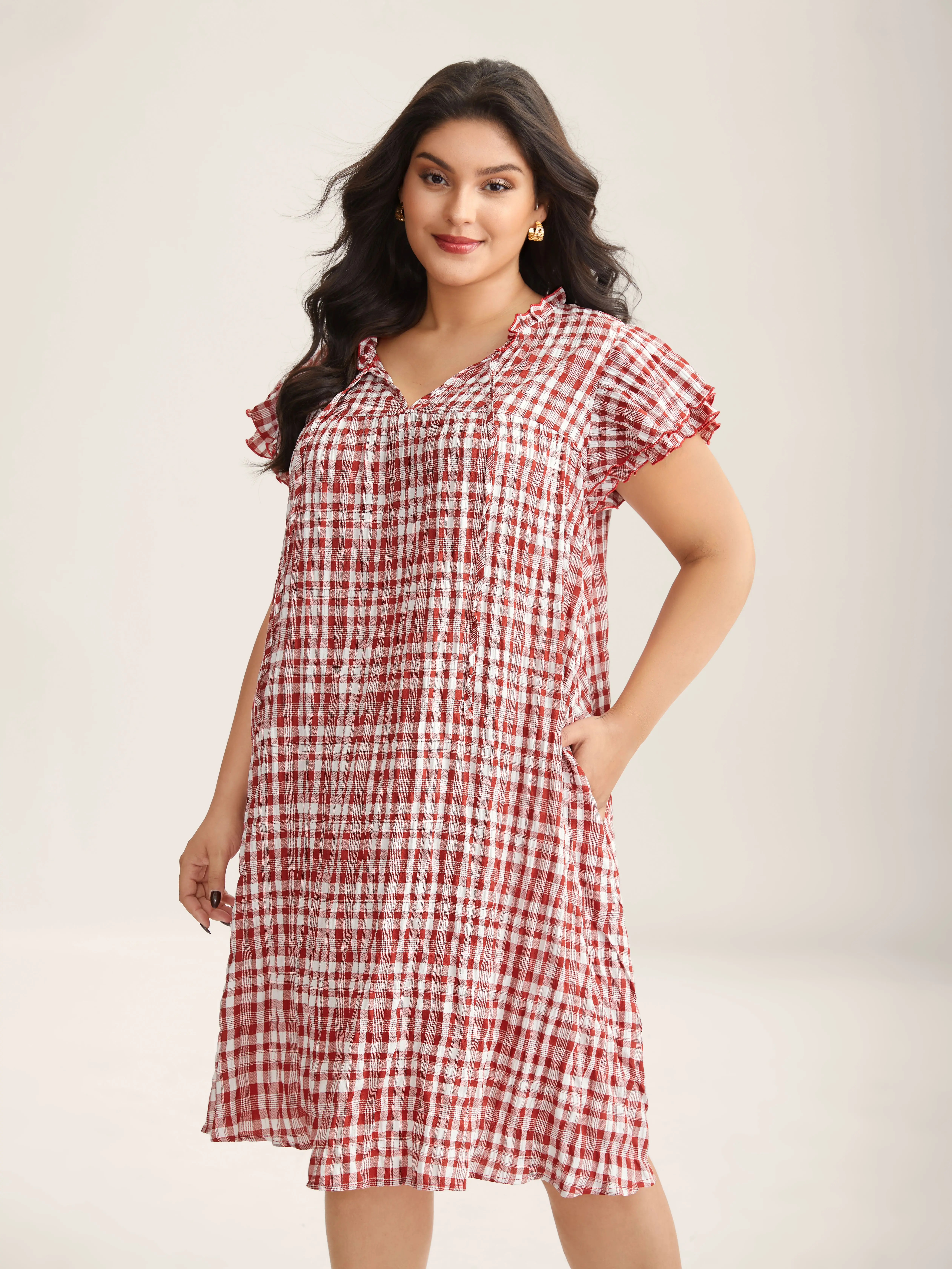 BloomChic Women's Plus Size Plaid Casual Midi Dress - Polyester-Rayon-Spandex Fabric, Tummy Flatterer, Flutter Cap Sleeves, Ruffle Detail, Pockets, Low Iron, Cold Wash, Like-Color Washing, Playful Summer Curvy Ready-To-Wear Garment