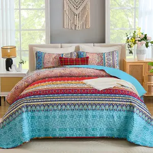 Bohemian Quilt Set King Size, Boho Striped Printed Quilts Bedspread Set for All Seasons, Lightweight Microfiber Coverlet Bedding Set with 2 Pillowcases 104"x90" (3 Pieces, Colorful)