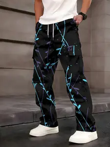 One-piece Abstract Vine Print Men's Cargo Pants with American Retro Style and Multi-pocket Design, Casual Fitted Pants, Casual Fashion Trousers