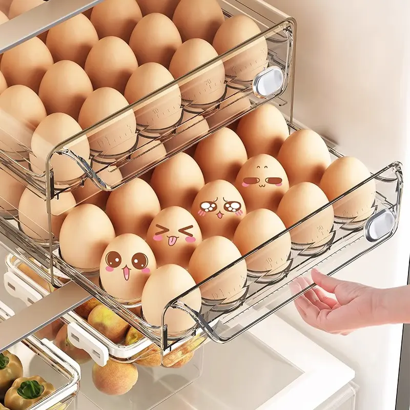 40/60 Slot Large Capacity Double-Layer Egg Storage Box with Egg Holder Drawers - Stackable Space-Saving Egg Tray Suitable for Refrigerator Organizer, Dustproof Egg Preservation Container for Home Kitchen, Fridge Egg Holder Drawer Organizer