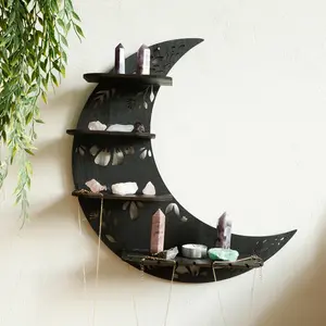 Moon Shape Wall Mounted Bookshelf, Wooden Wall Decor Storage Rack, Fashion Home Living Room Bedroom Wall Decoration, Unique Home Storage Solution