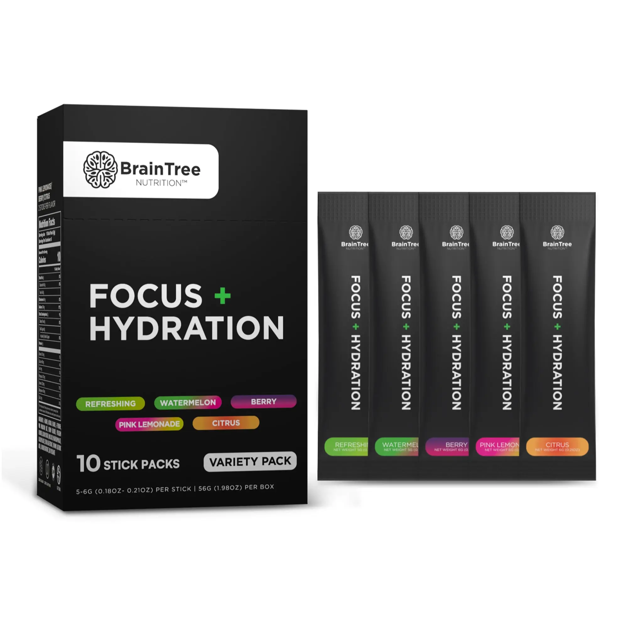BrainTree Nutrition Focus + Hydration Variety pk Nootropics Adaptogens Sugar-Free Hydration Drink Mix 10 Stick Packs for Enhanced Cognitive Function and Total Body Hydration