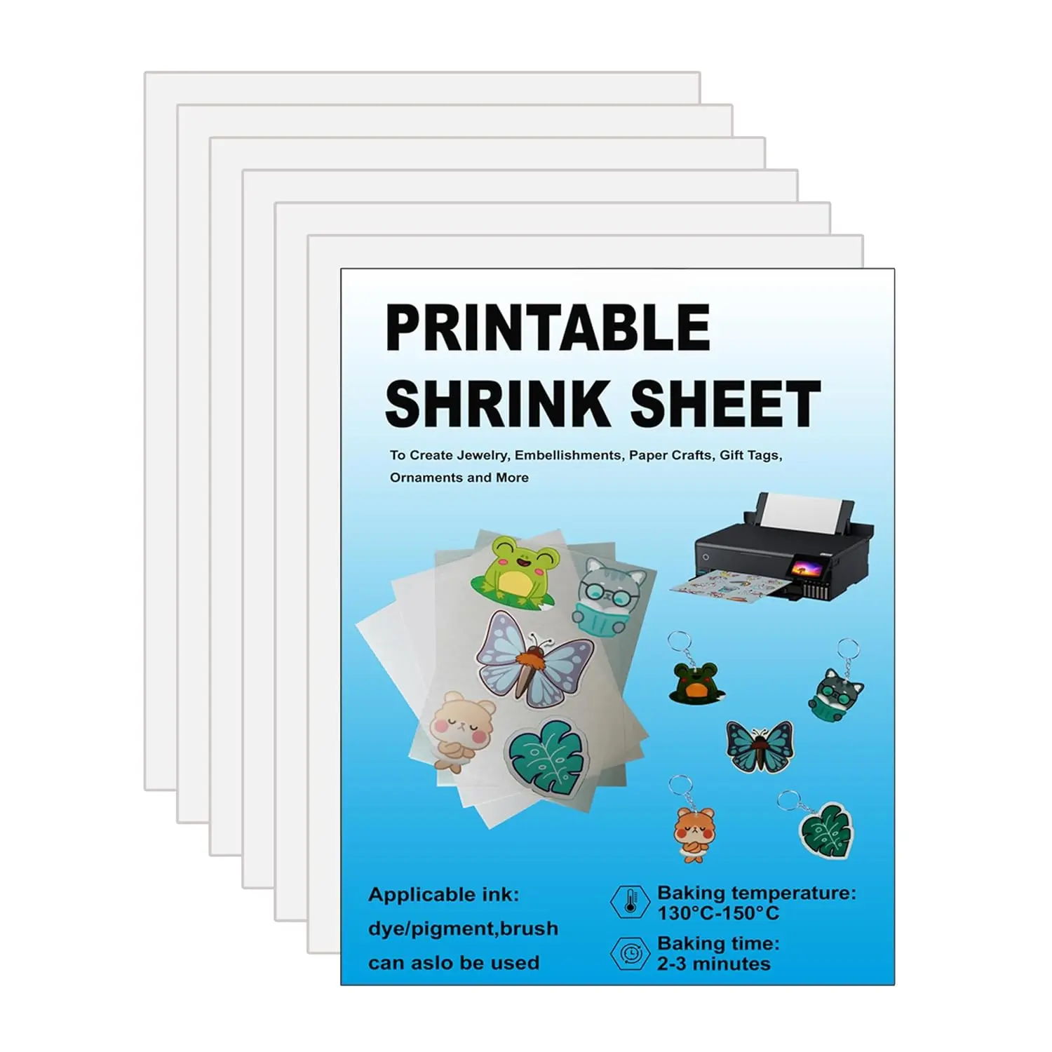 Printable Shrink Plastic Sheets, Shrink Films Papers for  Creative Craft, 6 Glossy White Sheets 8.3 x 11.7 inch for Inkjet Printer