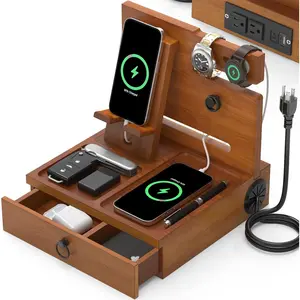 Wood Phone Docking Station with USB Ports and Outlets, Nightstand Organizer with Charging Station, Bedside Organizer with Drawer for Watch & Accessories, Christmas Anniversary Birthday Gifts for Men