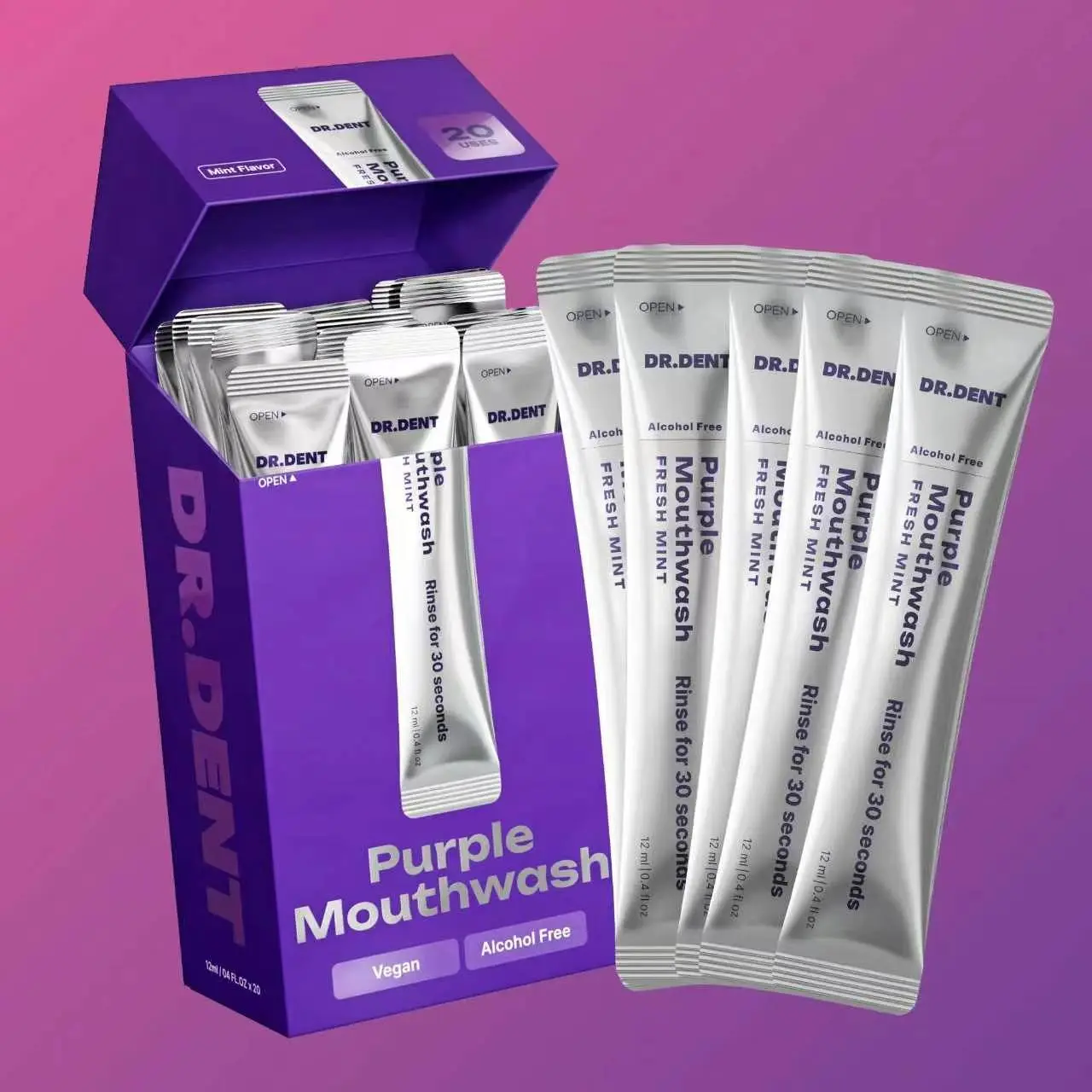 DR.DENT Purple Mouthwash - Sachets 20 Pack - Peroxide-Free - Alcohol Free - Vegan Mint