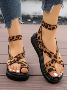 Women's Summer Dressy Flat Sandals, Leopard Print Colorblock Design, Comfortable Textile & Rubber Sole, Above Ankle Style, Casual Beach Shoes, Elegant Fashionable Sandals