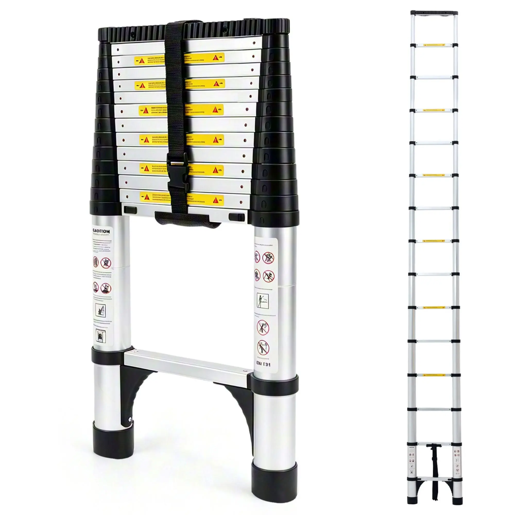 12.5ft TelescopingLadder Aluminum Lightweight Multi-Purpose CollapsibleExtensionOne-Touch Retraction LadderHeavy Duty 33OLBSMax Capacity with Non-Slip Feetfor HomeOutdoorWorkLoft, Adjustable Ladder, Aluminum Telescopic Ladders