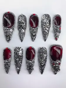 Baroque Gothic Press On Nails, Silver Chrome and Red 3D Sculpted Nails, M, Handmade Dark Gothic Nail Set, Méh Nails Art