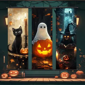 Scary Ghost & Witch Pattern Wall Decor, Wall Decor Flags, 3 Counts/set Halloween Themed Wall Hanging Banner, Wall Art for Home Living Room Bedroom Decoration