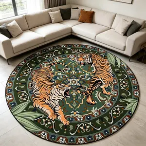 Jungle Tiger Round Rugs for Living Room, Bohemian Green Animal Print Sofa Coffee Table Mat, Non-slip Machine Washable Carpet,  Dining Room, Entryway, Game Room, Office Spring Decor