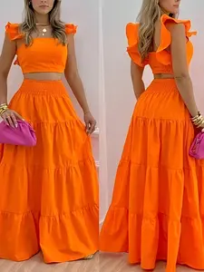 Summer Women's Two-Piece Set Womenswear, Woven Casual Sleeveless Backless Top and Long Skirt, Stylish Beach Vacation for Hot Weather