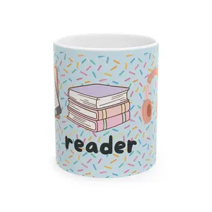 Library Days | Reader | Book Lover Mug | Ceramic Coffee Cup, Stacked Books Design