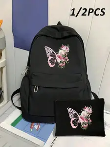 Set of Backpacks with Makeup Bag, Butterfly Print Large Backpack, Stylish Backpack for School, Classic Zippered Wallet, Large Capacity
