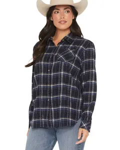 Shyanne Women's Riverfront Plaid Print Long Sleeve Button-Down Flannel Shirt - Srho25w8-Nvy