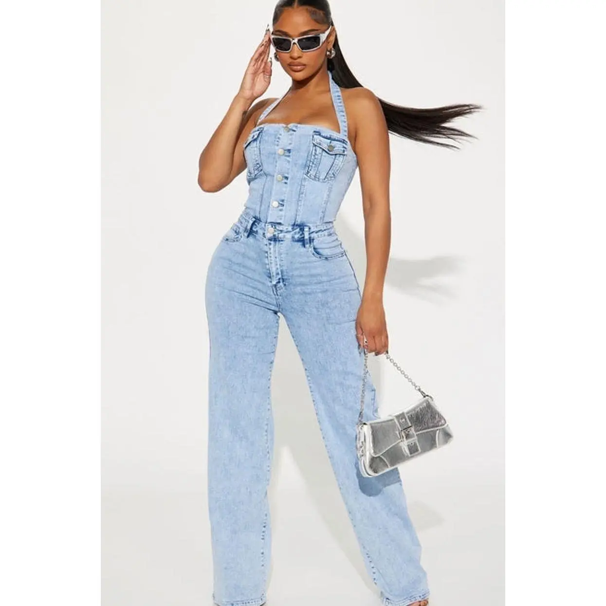 Women's Stay Around Denim Overalls Jumpsuit - Light Wash 2, Spandex Fabric, Wide Leg, Straight Cut Garment