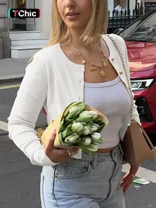 Women‘s Ribbed Solid Color Buttons Long Sleeves Crop Top, Round Neck Single-button Plain Slim-fitting T-shirt Top, Elegant Party Clb Date Holiday Daily Casual Shirt Blouse, Ladies Spring Fall Winter Cardigan Coat Tops Clothes Wear