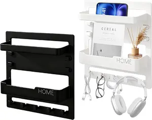 Bedside Shelf Wall Mount Adhesive Nightstand Wallshelf with 5 Hooks Plastic Storage Holder for Phone Remote Control Earphone Glasses Kindle Keys Multifunctional Organizer