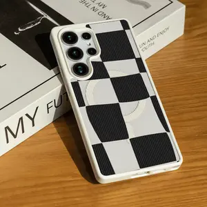 Black & White Twisted Checkerboard Matte Magnetic Phone Case for SAMSUNG S22/S23/S24/S25/FE/ULTRAP/PLUS Series, Matte touch, Wear-resistant and anti-scratch Acrylic Fingerprint Wireless Cellphone