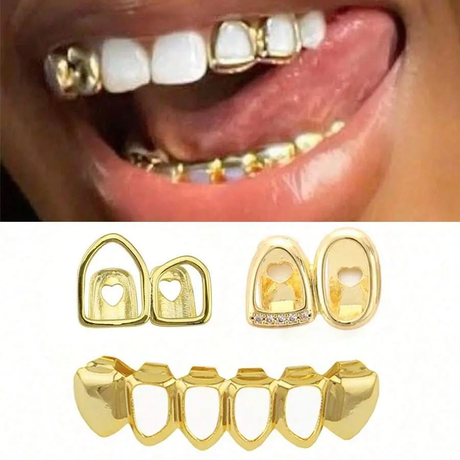 1 Set Of Hollow gold Tooth atlanta Grillz With Zirconia Stones, Double Teeth Top & 4 Hollow Teeth Bottom, Stage Performae Hip Hop Tooth protective mouth honeycomb grill Oral valerio Jewelry Accessories, men woman Unisex cool girl Festival Gift