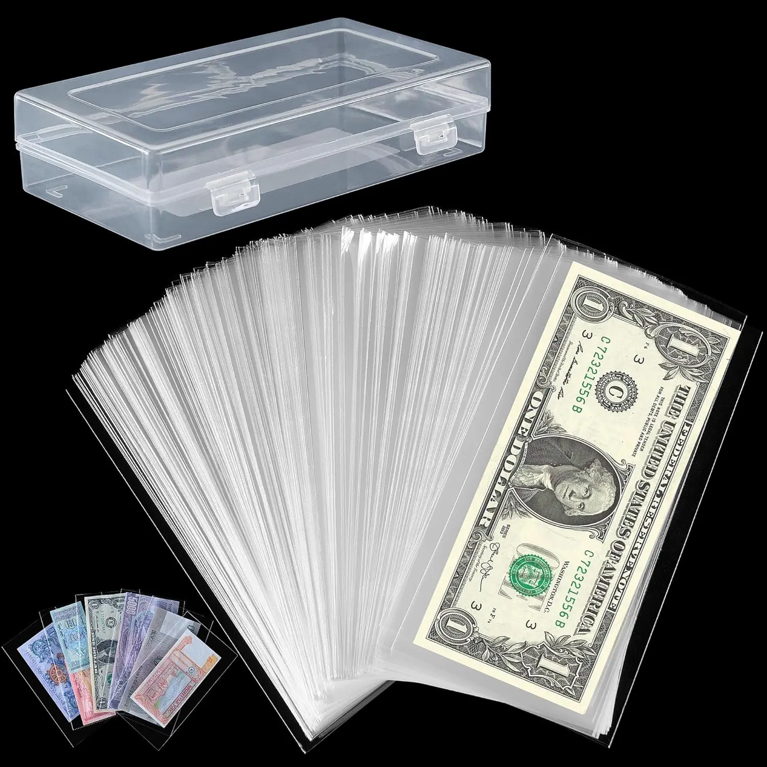 200 count  Sleeves - Clear Dollar Holder with Storage Box Banknote Protector for  Bills  Collection Supplies