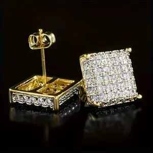 High-End 14K Gold / Silver Plated Brass Iced Square Stud Earrings with Micro Inlaid Synthetic Cubic Zirconia Unisex 10mm x 10mm High Quality Polished