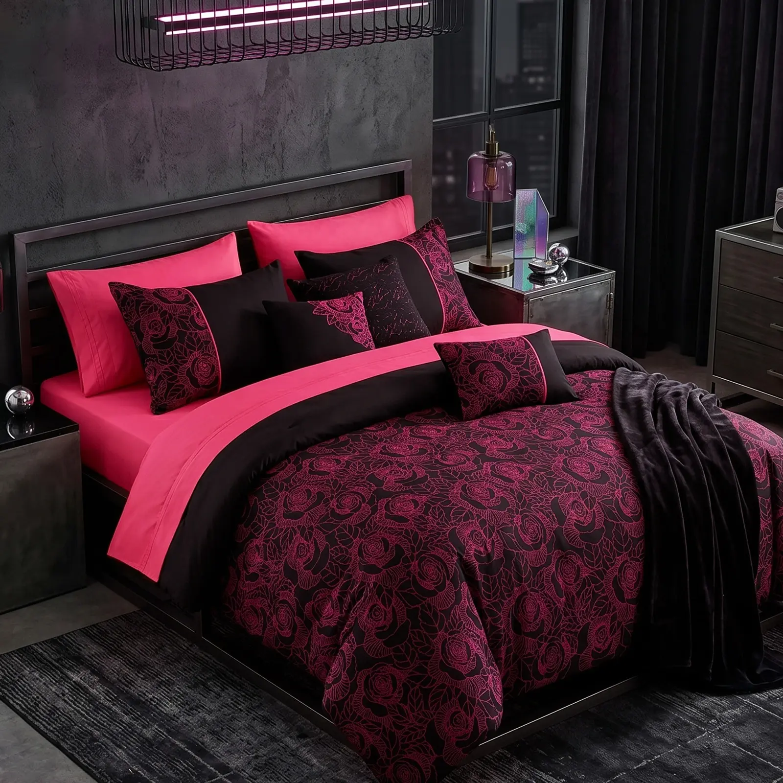 Glam All-Seasons Breathable Embroidery Bed in a Bag Comforter Set - 10pcs Rose Floral Pink Black Bedding with Sheet + 3 Decorative Throw Pillows, Machine Washable Queen/King Size