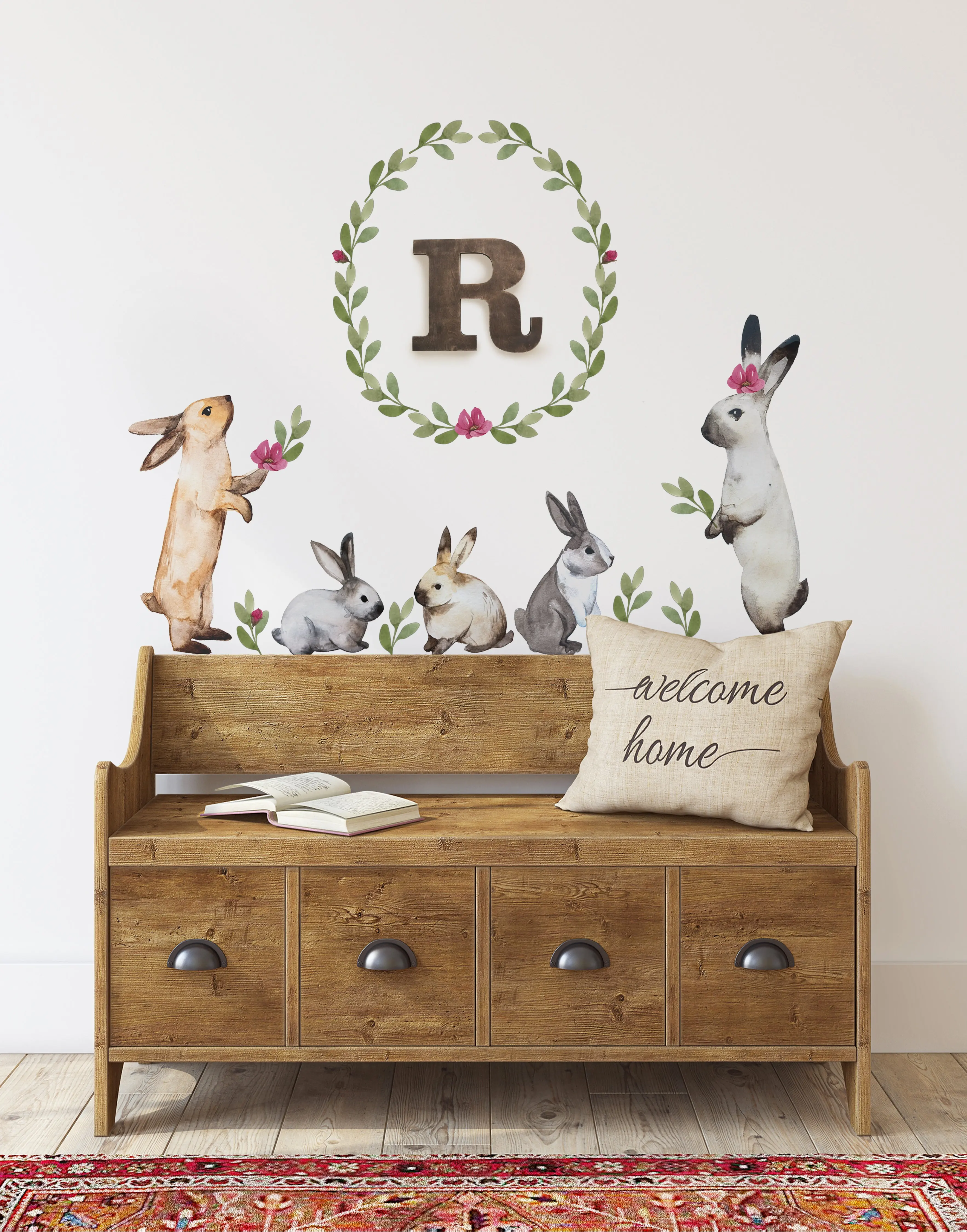 Bunnies and Leaves Watercolor Wall Stickers, Easter Peel and Stick Removable Stickers