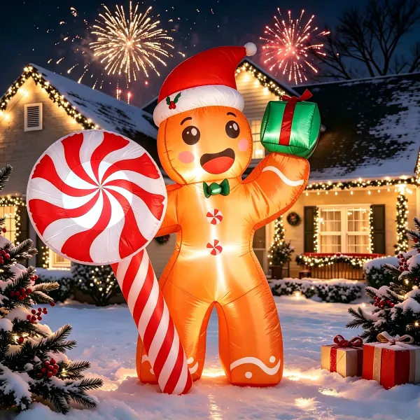 7 FT Christmas Inflatable Gingerbread Man Blow Up Yard Decor, Light‑up Design, Holding Lollipop & Gift Box, Outdoor Christmas Decoration for Garden Lawn Indoor Holiday Party
