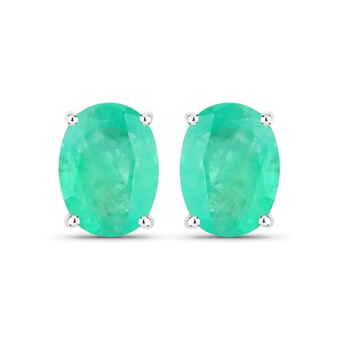 2.40 Ct Oval Green Zambian Emerald Prong 10K White Gold Stud Earrings