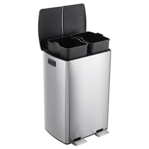 Commercial Dual Trash Can with 2 Compartments, 16 Gallon Stainless Steel Recycling Bin with Soft Close Lids and Step On Pedals, Odor Control Kitchen Garbage Can with Removable Plastic Inner Buckets for Home Office Cafe