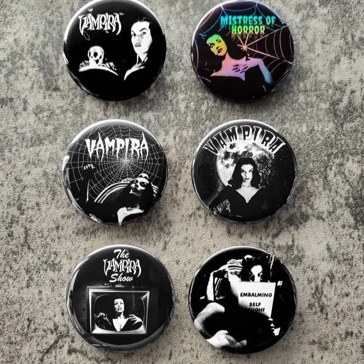 Vampira Pinback Buttons for Shirts and Clothing - 2.25” Horror