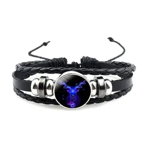 12 Zodiac Sign Fluorescent Woven Leather Bracelets, Constellation Guardian Unisex Wristband, Trendy Daily Jewelry, Perfect Birthday Gifts for Couples & Friends