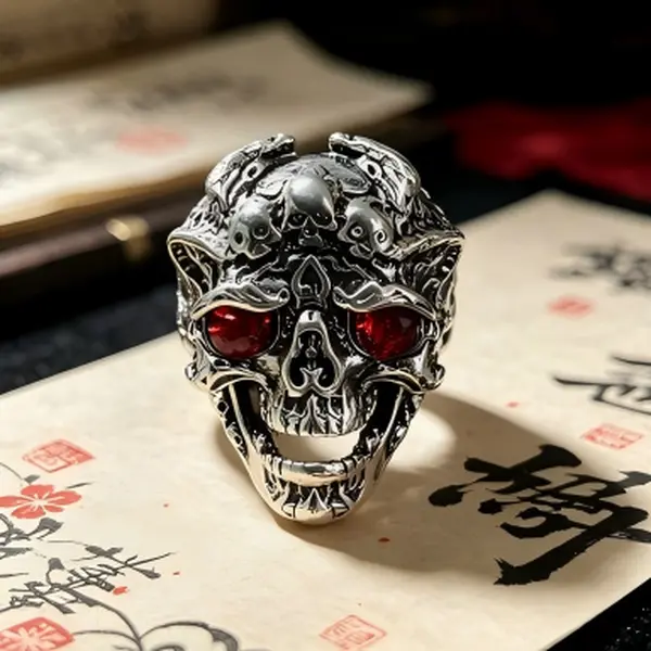 Handcrafted Stainless Steel Red Gem Multi-Skull Carved Ring | Unisex Japanese Gothic Streetwear Statement Jewelry