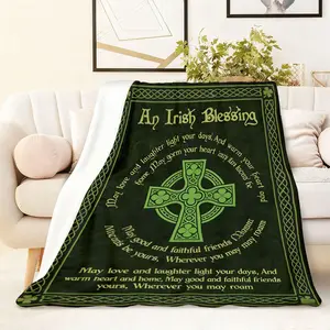 270G Flannel Blanket Irish Blessing Series Green Celtic Cross Pattern Comfortable Warm Home Decor Throw Blanket Multipurpose for Bedroom Living Room Sofa Soft Skin Friendly Thickened Blanket for Cross