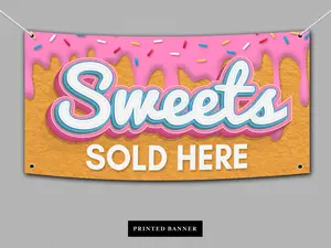 Sweets Sold Here Printed Vinyl Banner with Pink Frosting and Sprinkles Background with Metal Grommets - Ships Fast!