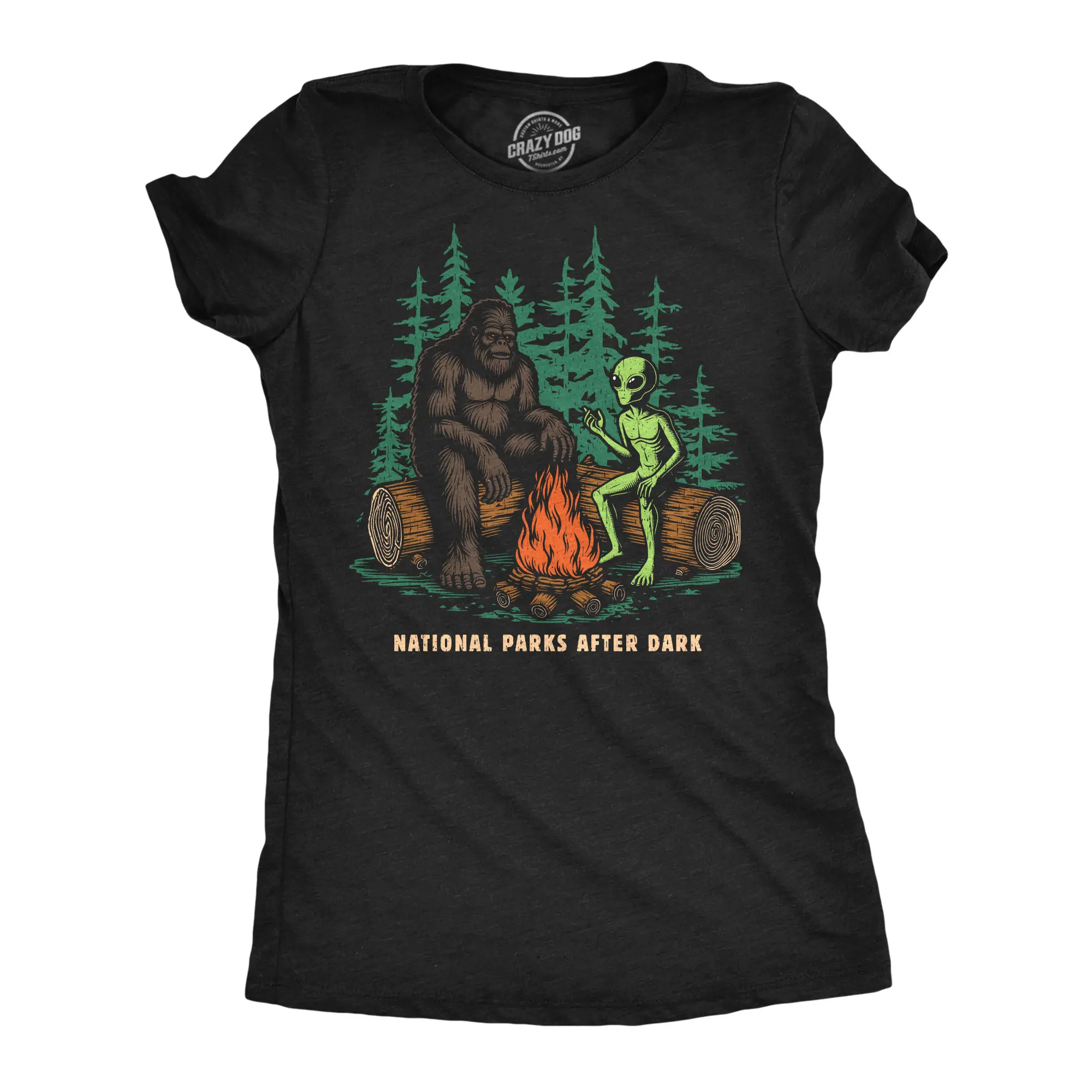 Womens Funny T Shirts National Parks After Dark Sarcastic Bigfoot Alien Graphic Novelty Tee For Ladies Funny Womens T Shirts Cute Vintage Fashion Casual Ladies T-Shirt Gift Funny Camping Top Women's Novelty Black -