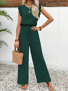 Women's 2-piece set: Solid color fashionable lace round neck flutter sleeve sleeveless top   high-waisted straight-leg drawstring loose wide-leg lightweight pants, suitabl for summer, commuting, casual home wear, and gatherings.