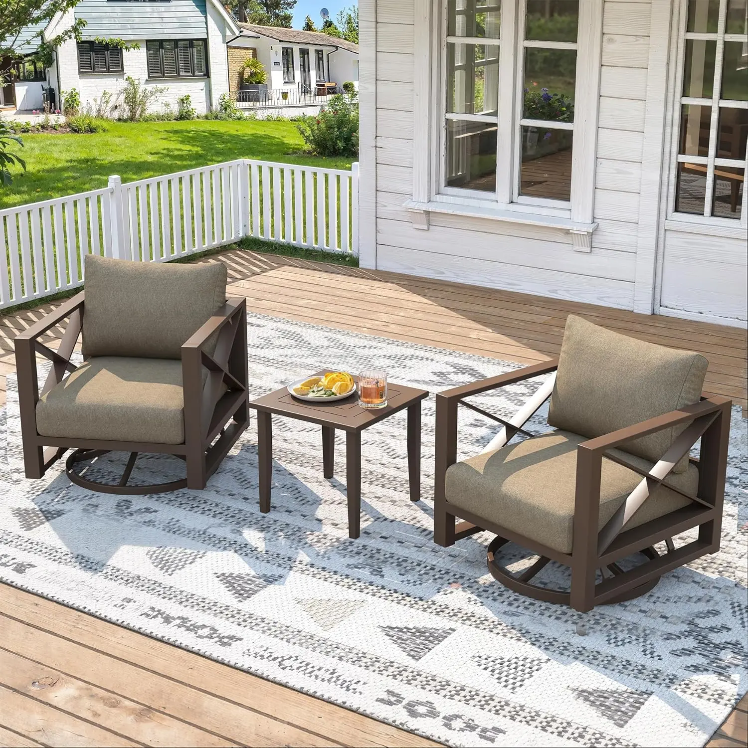3 Piece Patio Outdoor Aluminum Swivel Rocking Chair with Coffee Table and 5.2" Thickened Cushions, All Weather Outdoor Furniture Chairs for Garden, Poolside, Deck-Brown