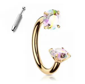 Titanium 18G 6mm/7mm Gem Horseshoe Nose Ring Earring Pierced Hoop Daith Helix Threaded Jewelry with Free Ball Holder Tool Gold Septum Zirconia G23
