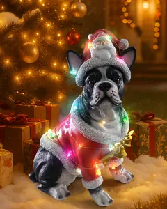 Christmas French Bulldog Resin Statue – Holiday Dog Outdoor/Indoor Decor with Optional LED Accent Lights, Batteries & Screwdriver Included, Seasonal Yard Ornament Gift